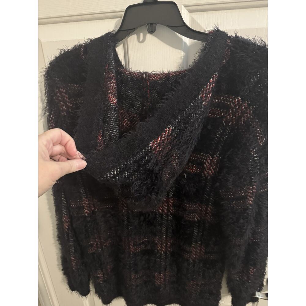 Rock & Republic Fuzzy Lash Plaid Lace Up Pullover Hoodie Sweater Black Red M - Picture 7 of 9